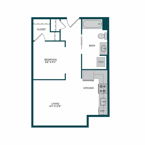 A floor plan of a small apartment with a bedroom, bathroom, kitchen, and living room.